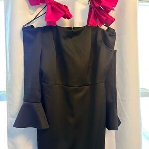 Eloquii Elegant Black Scuba Material Off the Shoulder Midi Dress with Pink Bows